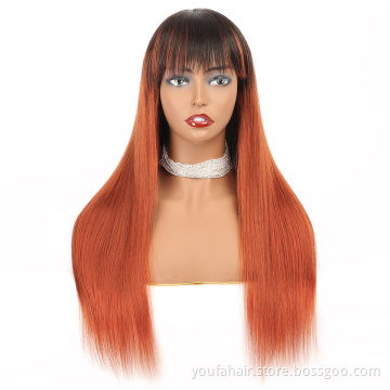 Wholesale Brazilian Remy Human Hair None Lace Wigs for Women 1b 350 Ombre Orange Color Full Machine Made Straight Wig With Bangs